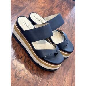 The Naked Feet Flux Platform Sandal Colorblock Wedge Navy Leather Sz 6.5 Slide